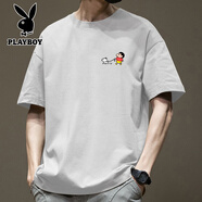 花花公子（PLAYBOY）港風(fēng)蠟筆小新純棉短袖T恤男夏潮牌百搭 白色純棉短袖-8392 M 建議110-130斤