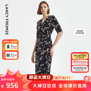 朗姿法式碎花復(fù)古設(shè)計(jì)感黑色連衣裙新款長裙夏季高級感裙子女 黑色2 S