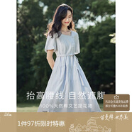 茵曼（INMAN）夏季法式收腰提花肌理女裝方領(lǐng)連衣裙文藝風(fēng)泡泡袖裙子 淺藍(lán)色 M