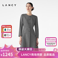 朗姿/LANCY秋冬新款黑色圓領(lǐng)羊毛格子連衣裙子女收腰口袋氣質(zhì) 黑色 L