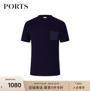PORTS寶姿男裝早秋抗皺皮馬棉雙P LOGO印花貼袋短袖T恤衫 藏青色 S