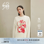 鄂爾多斯1980秋冬圓領(lǐng)年畫五福臨門裝飾提花女士純羊絨衫 白底花 165/88A/L