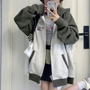 莜仙格韓國原Chic設計感春夏加絨連帽拉鏈外套女BM復古插肩寬松開(kāi)衫衛衣 灰色[薄款] L 建議 105-125斤
