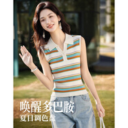 德瑪納【干爽冰絲紗線】夏季polo領(lǐng)無袖線衫撞色條紋針織衫女裝上衣