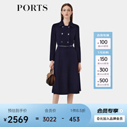 PORTS寶姿女裝秋季新款裝飾雙排扣時(shí)尚西裝領(lǐng)A字連衣裙女 丈青（預(yù)售） XS (2)