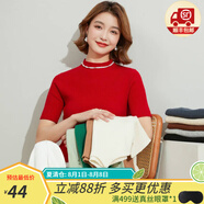 金菊含羊毛多色可選早春新款細(xì)坑條特價(jià)打底毛衣半高領(lǐng)短袖女式針織衫 紅色 L