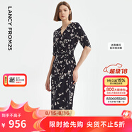 朗姿法式碎花復古設計感黑色連衣裙新款長裙夏季高級感裙子女 黑色 XL