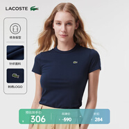 LACOSTE法國鱷魚女裝純色簡約休閑直筒修身圓領短袖T恤|TF7218 166/藏青色 M 38 /165