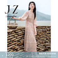 玖姿·安娜蔻100%桑蠶絲法式洛可可花卉印花連衣裙女夏款 花粉紅-第二批-KWFX50129 L
