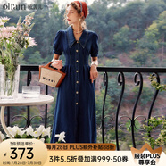 Olrain歐芮兒法式牛仔連衣裙夏季女裝收腰復(fù)古港風(fēng)開叉裙子衣服 牛仔藍(lán) S