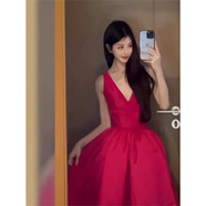 ZIPJBX2025夏季歐美風純色V領無袖束腰修身大擺連衣裙 連衣裙(高品質) S 建議80-95斤