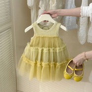 TTPMER2025夏季韓國女童網(wǎng)紗拼接背心連衣裙仙氣裙子寶寶洋氣公主裙 檸檬黃 單件裙子 100