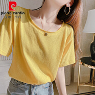 皮爾卡丹短袖t恤女夏季冰絲黃色針織上衣寬松正肩卷邊大領(lǐng)口體恤ins潮新款 油菜黃 L