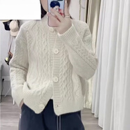 恒源祥羊·毛麻花毛衣外套女秋冬季2023新款女裝減齡百搭洋上衣針織開衫 米白色 加厚 L 建議100-110斤