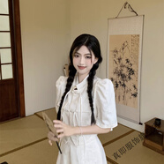 真即新中式復古套裝盤扣短袖襯衫女夏季高腰a字裙半身裙中國風兩件套 杏色上衣  L 建議100-110斤
