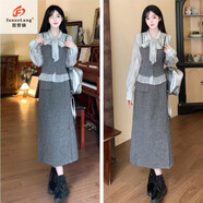 范哲狼（FANZELANG）大碼時(shí)尚小香風(fēng)套裝連衣裙女秋冬胖mm感系帶襯衫半身裙兩件套 灰色2件套裝 S 83-93