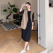 胖mm馬甲外套黑色連衣裙兩件套春裝歐美大碼女裝顯瘦休閑背心套裝 黑色 L建議120-135斤 均碼