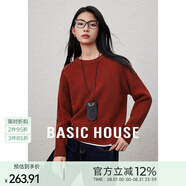 Basic House/百家好純羊毛針織衫毛衣女士秋冬新款新年紅色圓領(lǐng)套頭休閑百搭 車?yán)遄蛹t M 85-125斤