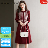 Ehangy酒紅色連衣裙2025新款女春季季韓版長(cháng)款毛衣拼接假兩件針織連衣裙 酒紅色 均碼 M