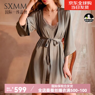 SXMM一線(xiàn)品牌真絲睡裙女桑蠶絲睡衣女士蕾絲性感睡衣吊帶睡裙 綠灰色【睡裙+睡袍+腰帶 胸墊】（高檔禮盒） M (建議體重80-100斤)