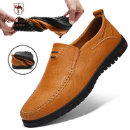 西域駱駝（VANCAMEL）春季真皮豆豆鞋男士休閑皮鞋韓版潮流透氣懶人鞋一腳蹬軟底男鞋子 黃棕色【1858四季款】 38