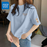 真維斯（JEANSWEST）純棉短袖女夏季2025新款休閑百搭半袖體恤衫女士潮流t恤女上衣服 湖藍(lán) 帶帽小熊_K-帶帽小熊袖_K M