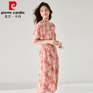 皮爾卡丹（pierre cardin）2025嚴選春夏新中式優(yōu)雅水墨暈染印花蝙蝠袖收腰顯瘦連衣裙 粉色 S