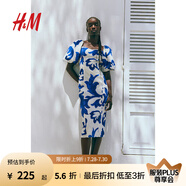 H&M女士花卉連衣裙夏季氣質(zhì)修身歐根紗五分袖燈籠袖連身裙1238363 白色/藍(lán)色圖案 170/116 XL