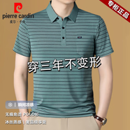 皮爾卡丹（pierre cardin）男士夏季短袖t恤翻領(lǐng)冰絲polo衫寬松條紋中年爸爸裝真口袋體恤 軍綠 2XL 推薦【155-168斤】