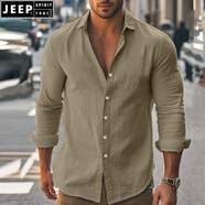 JEEP SPIRIT歐美棉麻白襯衫男感修身長(cháng)袖亞麻透氣防曬衣開(kāi)衫休閑工裝襯衣 卡其色 M