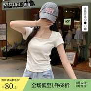 西遇方領(lǐng)短袖t恤女2025年夏季新款小個(gè)子法式正肩修身短款上衣 白色 M (160)