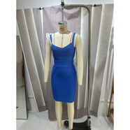 UKUHPK2025夏季歐美性感時(shí)尚深V吊帶彈力拉伸修身包臀繃帶連衣裙 寶藍色 XS