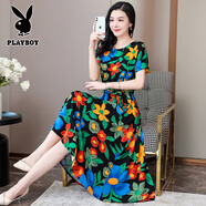 花花公子（PLAYBOY）2025新款高端棉綢連衣裙夏天時(shí)尚外穿媽媽中年有口袋印花長(cháng)裙顯瘦 16號色-1818款 XL