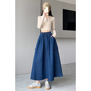 燦沛冰絲半身裙清倉(cāng)大碼女裝春秋水洗牛仔半身裙松緊腰系帶拼接字 深藍(lán)色 M