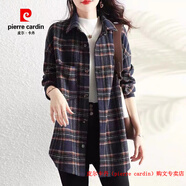 皮爾卡丹（pierre cardin）品牌斷碼撿漏輕奢寸衣女裝2025秋冬款復(fù)古格子長袖中長款襯衫外套 藏青色 M