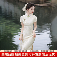SGJ輕奢品牌女士旗袍女氣質(zhì)款日?？纱└牧冀^美新中式連衣裙長(zhǎng)裙 杏色 S