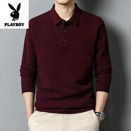 花花公子（PLAYBOY）高檔品牌翻領(lǐng)polo衫男士襯衫領(lǐng)加厚中青年羊毛衫打底毛衣男秋冬款 紫紅 XL 175建議140-160斤