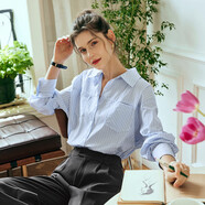 Olrain歐芮兒豎條紋襯衫女春新款女裝休閑通勤長(zhǎng)袖氣質(zhì)上衣 淺藍(lán)條紋 L