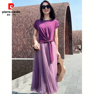 皮爾卡丹（pierre cardin）休閑套裝2025夏季新款森女多巴胺圓領(lǐng)針織短袖超仙網(wǎng)紗裙一整套 【套裝】紫色短袖+網(wǎng)紗半身裙 M (85-100斤)