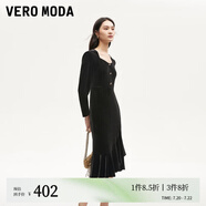VEROMODA連衣裙2024秋季女裝新款天鵝絨拼接網(wǎng)紗魚尾長裙鉆石領(lǐng)東方簡奢風(fēng) 長袖絲絨裙-黑色 M