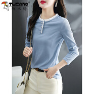 啄木鳥(niǎo)撞色拼接長(cháng)袖t恤女春秋新款紋理百褶領(lǐng)舒適法式洋氣百搭顯瘦上衣 霧藍色長(cháng)袖 （百褶小開(kāi)領(lǐng)） M 建議90-105斤