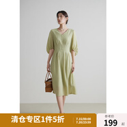 獨(dú)束大碼女裝法式V領(lǐng)連衣裙高腰顯瘦A字裙2024夏季新款 青藤綠 M (尺碼：1)