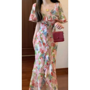 溥畔法式浪漫優(yōu)雅荷葉邊斗篷領(lǐng)碎花連衣裙女夏季新款收腰氣質(zhì)優(yōu)雅 連衣裙 S
