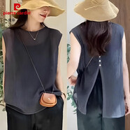 皮爾卡丹（pierre cardin）薄款冰絲針織衫女2025新款夏季設計感后背開(kāi)叉無(wú)袖鏤空罩衫上衣女 石墨灰 M (建議100斤以?xún)?