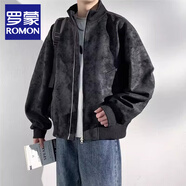 羅蒙（ROMON）美式復古男士立領(lǐng)夾克春秋季潮牌休閑百搭皮外套男大碼工裝上衣 黑色 S 80-110斤
