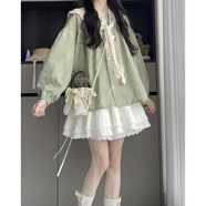 GOYN日系少女小清新綠色長(cháng)袖襯衫女2025春夏季搭配學(xué)院風(fēng)半身裙兩件套 【三件套】蕾絲披肩+綠襯衫+白半 S
