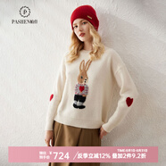 帕什羊絨衫女100%山羊絨圓領(lǐng)兔子提花寬松重磅加厚毛衣AT-6048 白色 M