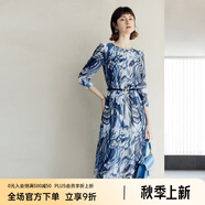 顏域圓領(lǐng)七分袖連衣裙春裝女2024年新款中長(zhǎng)款連身裙時(shí)尚氣質(zhì)裙子 藍(lán)花 2XL