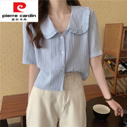 皮爾卡丹（pierre cardin）小清新田園風(fēng)法式小衫女高檔洋氣短袖減齡娃娃領(lǐng)短款雪紡上衣開(kāi)衫 女裝十大品牌 藍色 M 建議80-斤