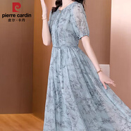 皮爾卡丹（pierre cardin）連衣裙氣質(zhì)好看雪紡套頭2025新款時尚洋氣夏裝女士水墨碎花裙子 藍(lán)色 XL （115-125斤）